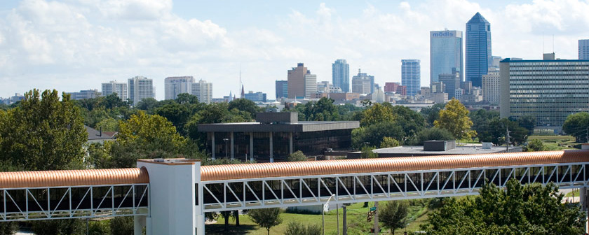 View of the City of Jacksonville over the walkway that runs from the Pavilion to Tower II